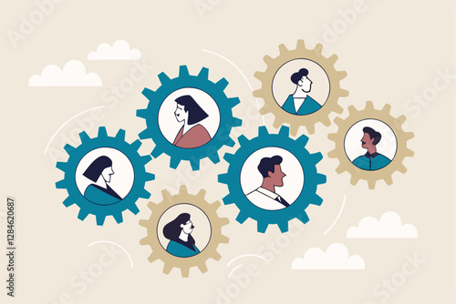 Team or organization, office role or job position or skills to drive company, teamwork or collaboration for success, team effort concept, business people working to rotate connected cogwheels gear.