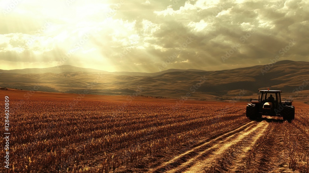 Fototapeta premium Golden Hour Tractor in Rural Landscape