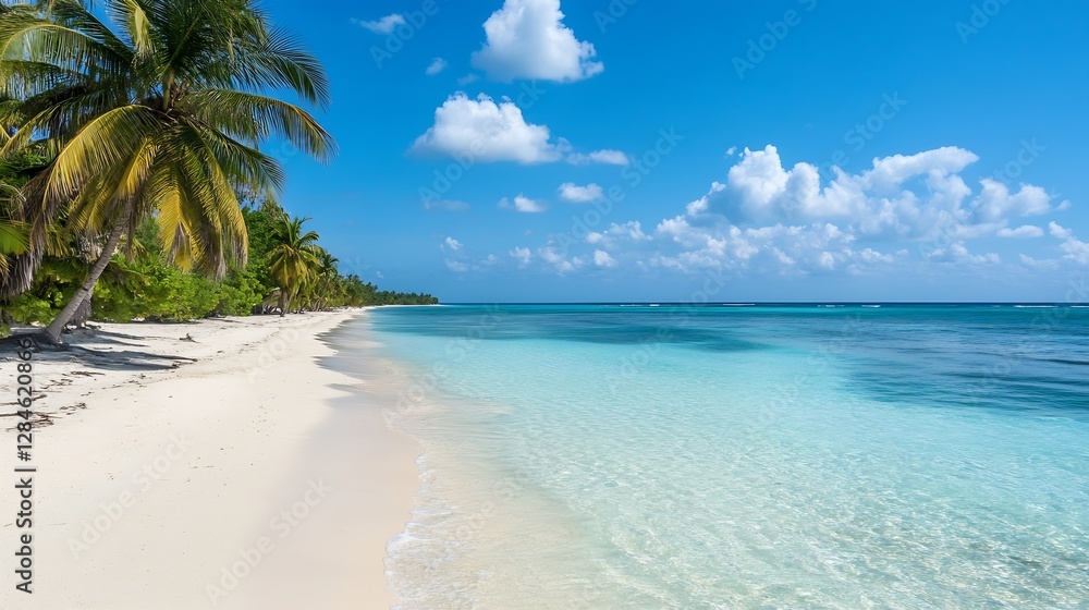 Fototapeta premium Idyllic Tropical Beach with Palm Trees and Crystal Clear Water Under a Bright Blue Sky : Generative AI