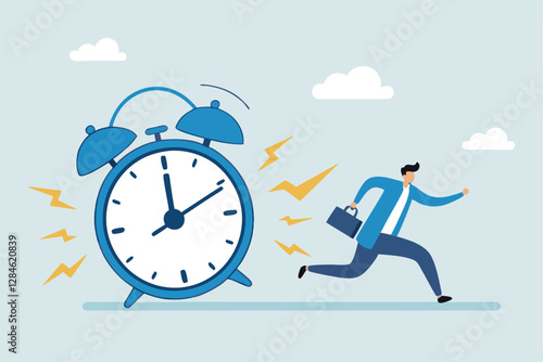 Late, hurry to go to work, rushing or running fast before deadline, speed or busy job, pressure or challenge to finish work in time, urgency concept, frustrated businessman hurry running to work late.