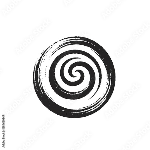 Abstract spiral design, circular, black ink, paintbrush texture, graphic element.