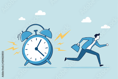 Late, hurry to go to work, rushing or running fast before deadline, speed or busy job, pressure or challenge to finish work in time, urgency concept, frustrated businessman hurry running to work late.