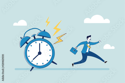 Late, hurry to go to work, rushing or running fast before deadline, speed or busy job, pressure or challenge to finish work in time, urgency concept, frustrated businessman hurry running to work lat