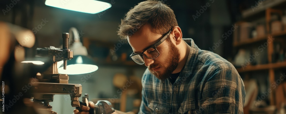 Young man with glasses focusing on craftsmanship in workshop setting Young man with glasses focusing on craftsmanship in workshop setting