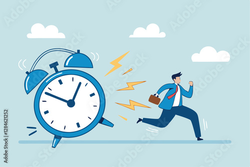 Late, hurry to go to work, rushing or running fast before deadline, speed or busy job, pressure or challenge to finish work in time, urgency concept, frustrated businessman hurry running to work lat