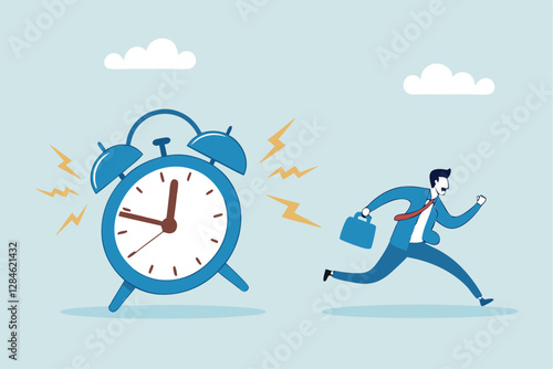 Late, hurry to go to work, rushing or running fast before deadline, speed or busy job, pressure or challenge to finish work in time, urgency concept, frustrated businessman hurry running to work lat