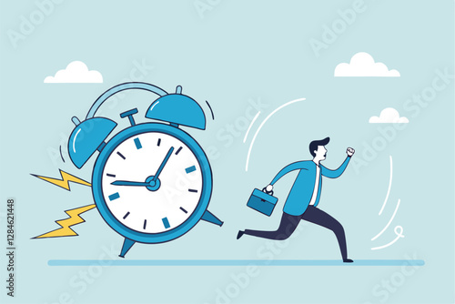 Late, hurry to go to work, rushing or running fast before deadline, speed or busy job, pressure or challenge to finish work in time, urgency concept, frustrated businessman hurry running to work late.