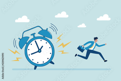 Late, hurry to go to work, rushing or running fast before deadline, speed or busy job, pressure or challenge to finish work in time, urgency concept, frustrated businessman hurry running to work late.