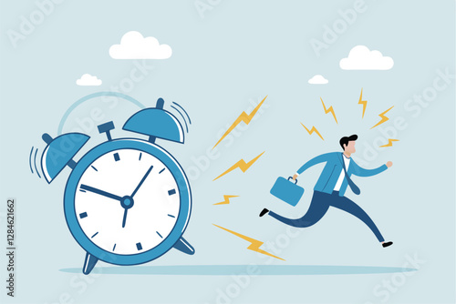 Late, hurry to go to work, rushing or running fast before deadline, speed or busy job, pressure or challenge to finish work in time, urgency concept, frustrated businessman hurry running to work lat
