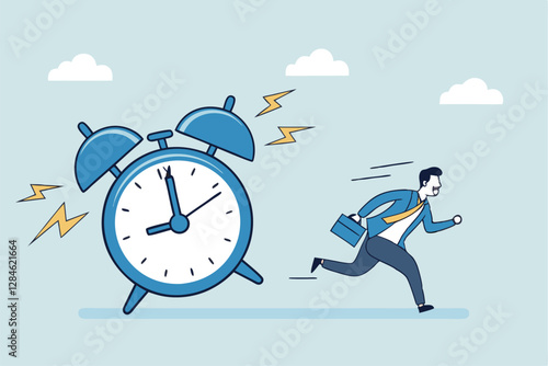 Late, hurry to go to work, rushing or running fast before deadline, speed or busy job, pressure or challenge to finish work in time, urgency concept, frustrated businessman hurry running to work late.