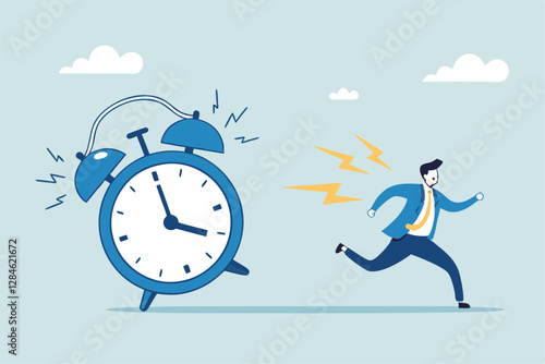 Late, hurry to go to work, rushing or running fast before deadline, speed or busy job, pressure or challenge to finish work in time, urgency concept, frustrated businessman hurry running to work lat