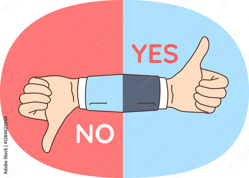 Solution is demonstrated by thumbs up or thumbs down hand gesture with yes or no written in contrasting colors. Business person shows positive and negative decision in response to heard proposal. Solution is demonstrated by thumbs up or thumbs down hand gesture with yes or no written in contrasting colors. Business person shows positive and negative decision in response to heard proposal.