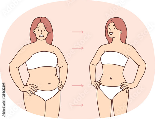 Принти на полотні Fat woman has lost weight and acquired beautiful figure thanks to liposuction or regular fitness and diet