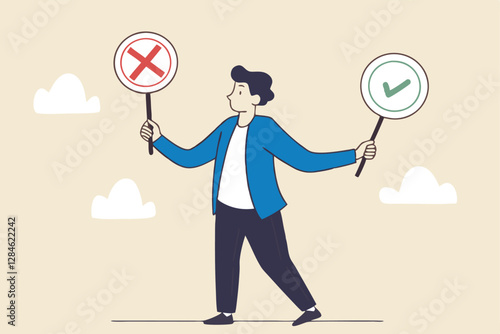 Business decision right or wrong, true or false, correct and incorrect, moral choosing option concept, thoughtful businessman holding right or wrong of left and right hand while making decision.