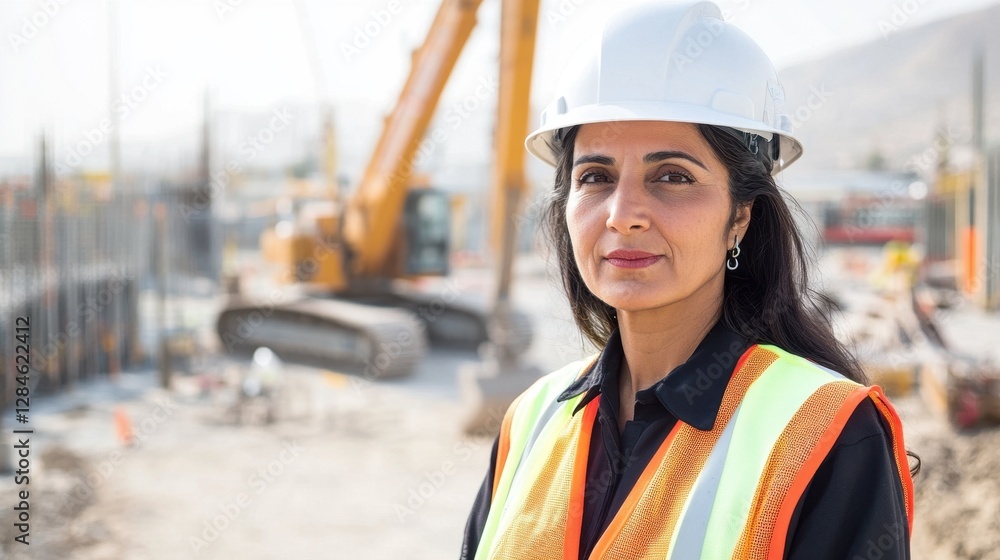 A confident Middle Eastern female engineer stands at a construction site, showcasing her expertise and leadership in a male-dominated field, wearing safety gear. A confident Middle Eastern female engineer stands at a construction site, showcasing her expertise and leadership in a male-dominated field, wearing safety gear.