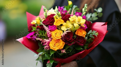 Fototapeta Naklejka Na Ścianę i Meble -  Vibrant flower bouquet with yellow roses and red wrapping
