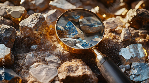 Precious metal prospecting tools with optical magnification on mineralogical backdrop