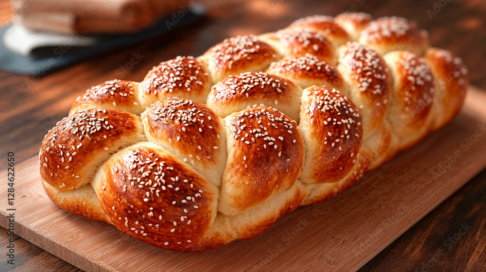 Braided bread loaf in golden brown with sesame seeds for holidays. Braided bread loaf in golden brown with sesame seeds for holidays.