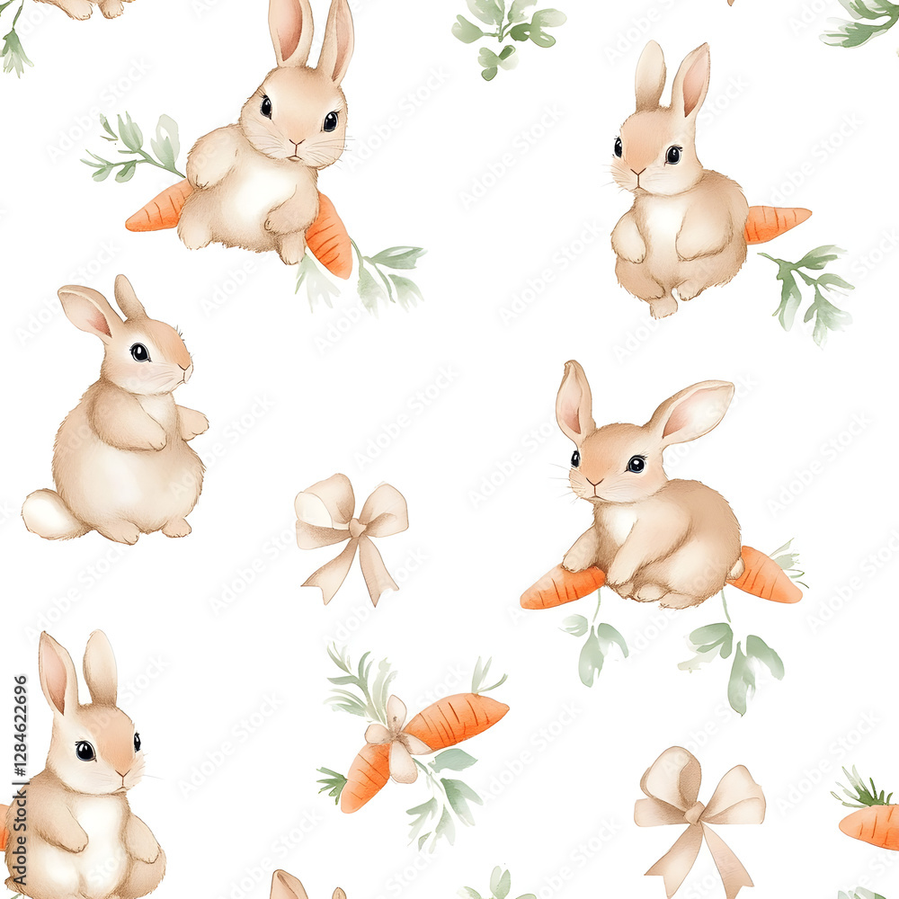 Baby rabbit pattern in beige adorned with carrots and ribbon bows. This cute spring and Easter bunny surface design features adorable watercolor hand-drawn rabbits. Baby rabbit pattern in beige adorned with carrots and ribbon bows. This cute spring and Easter bunny surface design features adorable watercolor hand-drawn rabbits.