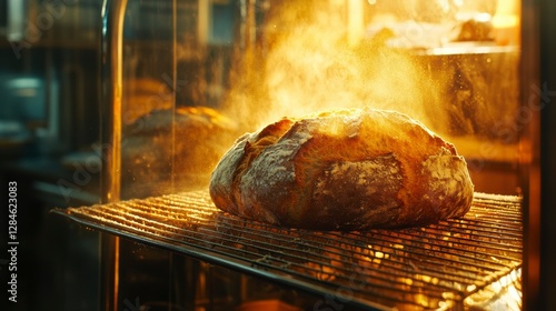 Freshly baked artisan bread steaming on rack in bakery photo