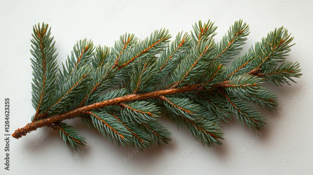 Studio photography of a large spruce branch on studio white background, Color photography, beautiful studio soft light. Studio photography of a large spruce branch on studio white background, Color photography, beautiful studio soft light.