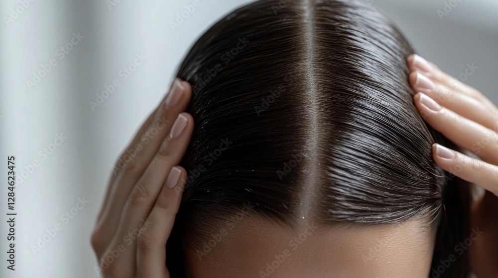 Naklejka premium A woman with thinning hair enjoying a luxurious scalp massage in a calm, spa-like room. Featuring relaxation and hair health