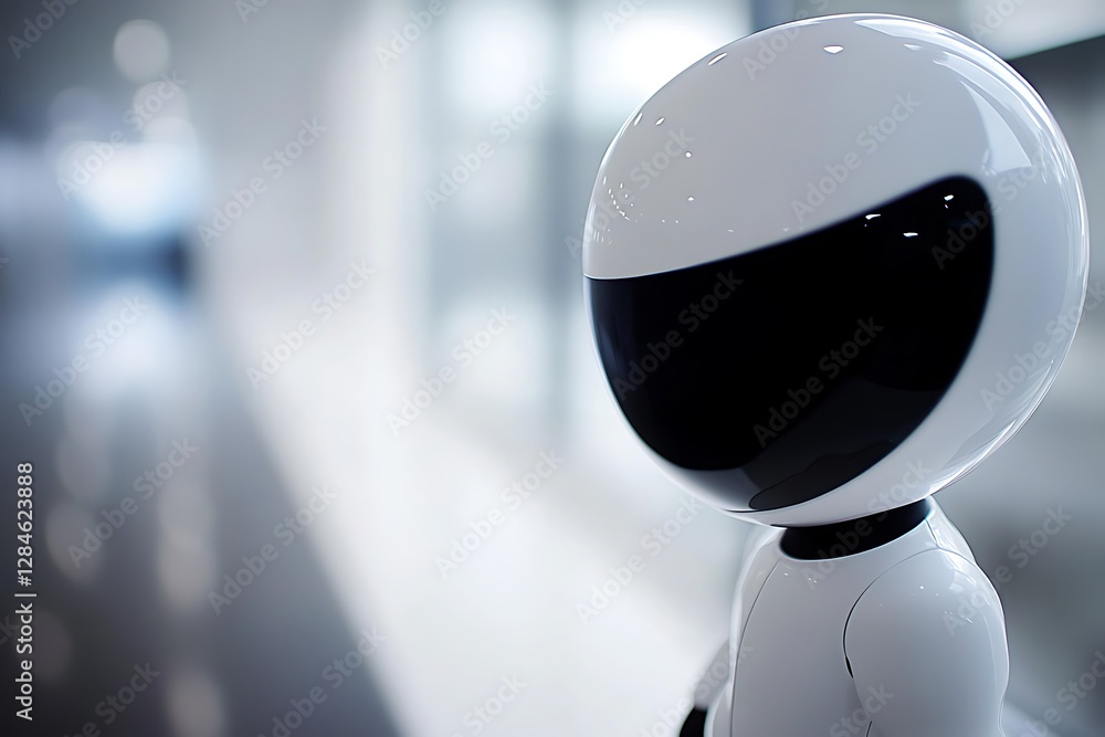 A robot with a white head stands inside a modern room A robot with a white head stands inside a modern room