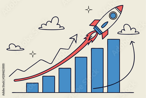 Exponential growth or compound interest, investment, wealth or earning rising up graph, business sales or profit increase concept, financial report graph with exponential arrow from flying rocket.