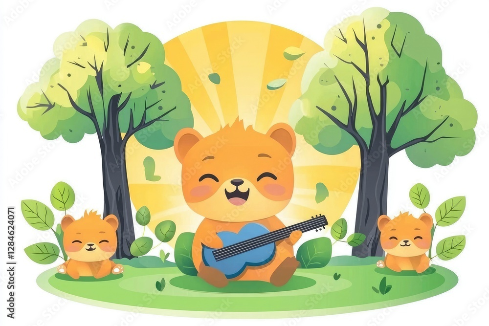 Naklejka premium Happy Bear Playing Guitar in Sunny Nature Scene with Cubs