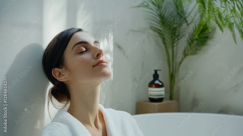 A woman with thinning hair enjoying a quiet moment after applying a revitalizing hair serum. Featuring relaxation and care A woman with thinning hair enjoying a quiet moment after applying a revitalizing hair serum. Featuring relaxation and care