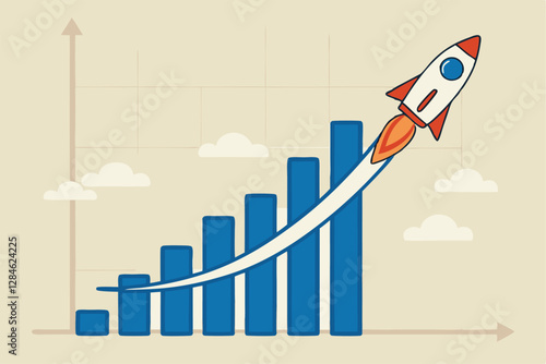 Exponential growth or compound interest, investment, wealth or earning rising up graph, business sales or profit increase concept, financial report graph with exponential arrow from flying rocket.