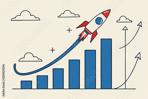Exponential growth or compound interest, investment, wealth or earning rising up graph, business sales or profit increase concept, financial report graph with exponential arrow from flying rocket.