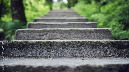 Stone steps leading up through a lush green forest creating a peaceful pathway for walking : Generative AI photo