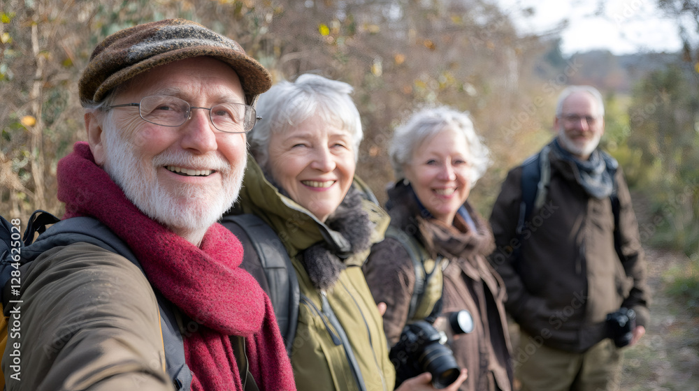 Senior photographers smiling, capturing group selfie during vibrant autumn mountain trek Senior photographers smiling, capturing group selfie during vibrant autumn mountain trek