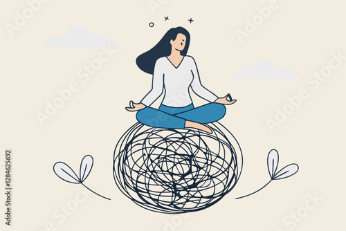 Stress management, meditation or relaxation to reduce anxiety, control emotion during problem solving or frustration work concept, woman in lotus meditation on chaos mess line with positive energy.