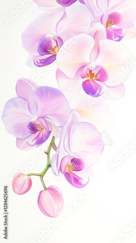 Vibrant watercolor blossoms display exotic beauty of pink and purple orchids in delicate harmony