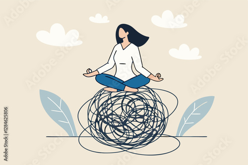 Stress management, meditation or relaxation to reduce anxiety, control emotion during problem solving or frustration work concept, woman in lotus meditation on chaos mess line with positive energy.