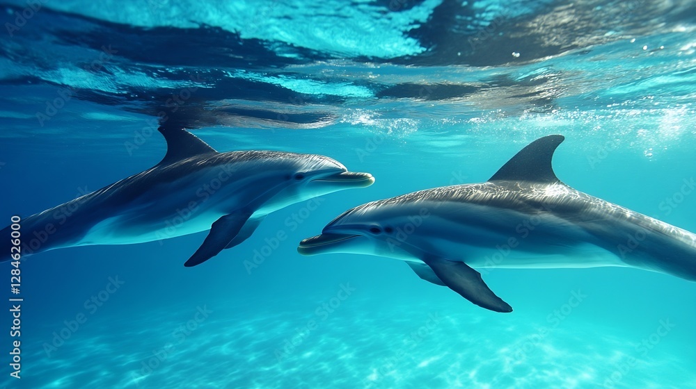 Obraz premium Two playful dolphins swimming gracefully under clear blue water in the ocean : Generative AI