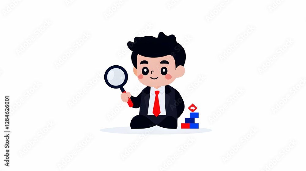 Pixel Art Businessman Investigating with Magnifying Glass and Blocks Pixel Art Businessman Investigating with Magnifying Glass and Blocks