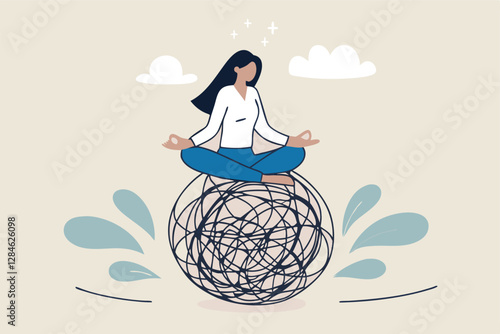 Stress management, meditation or relaxation to reduce anxiety, control emotion during problem solving or frustration work concept, woman in lotus meditation on chaos mess line with positive energy.