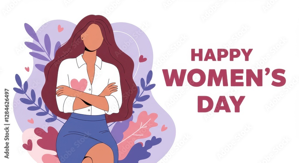 Fototapeta premium A cheerful illustration for Women's Day a woman with long flowing hair wearing a white top and blue skirt with her arms crossed over her chest the text HAPPY WOMEN'S DAY is written in bold letters