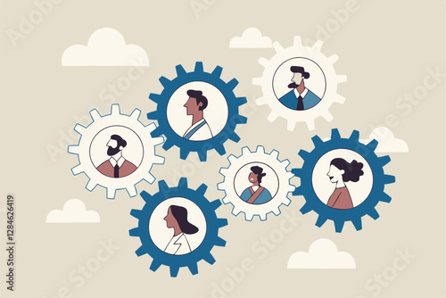 Team or organization, office role or job position or skills to drive company, teamwork or collaboration for success, team effort concept, business people working to rotate connected cogwheels gear.