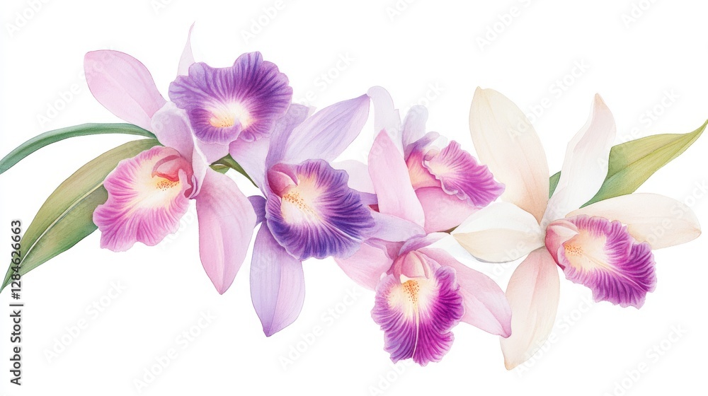 Obraz premium Vibrant orchid blossoms showcase exquisite beauty in a watercolor botanical illustration filled with elegance and intricacy