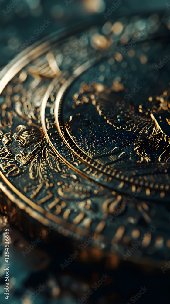 Detailed Macro View of a Shiny Metallic rb Coin on a Smooth Surface Detailed Macro View of a Shiny Metallic rb Coin on a Smooth Surface