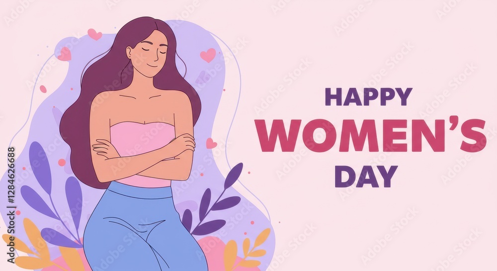 A cheerful illustration for Women's Day a woman with long flowing hair wearing a pink top and blue skirt with her arms crossed over her chest the text HAPPY WOMEN'S DAY is written in bold letters A cheerful illustration for Women's Day a woman with long flowing hair wearing a pink top and blue skirt with her arms crossed over her chest the text HAPPY WOMEN'S DAY is written in bold letters