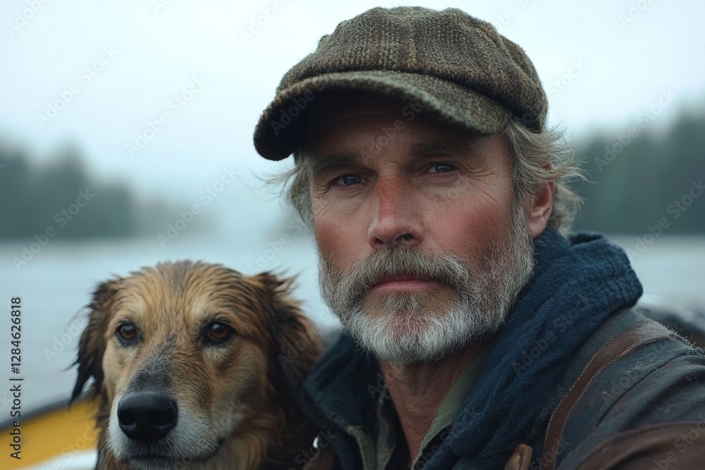 Portrait of a man and his dog enjoying a tranquil moment together on an overcast lake in the early morning Portrait of a man and his dog enjoying a tranquil moment together on an overcast lake in the early morning