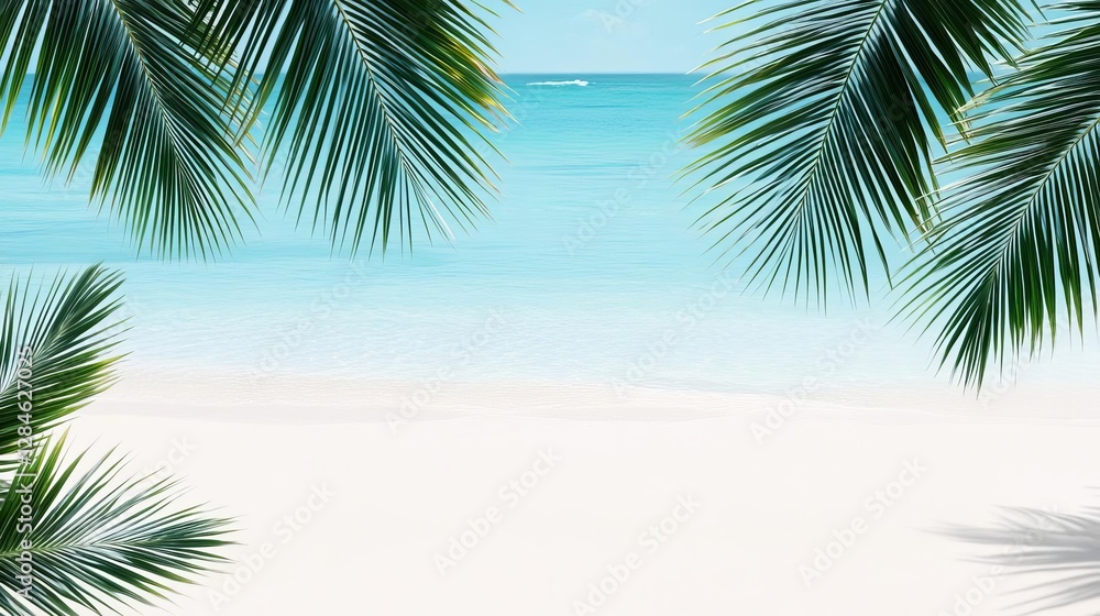 Fototapeta premium Lush tropical palm leaves swaying in the breeze on a sunny beach