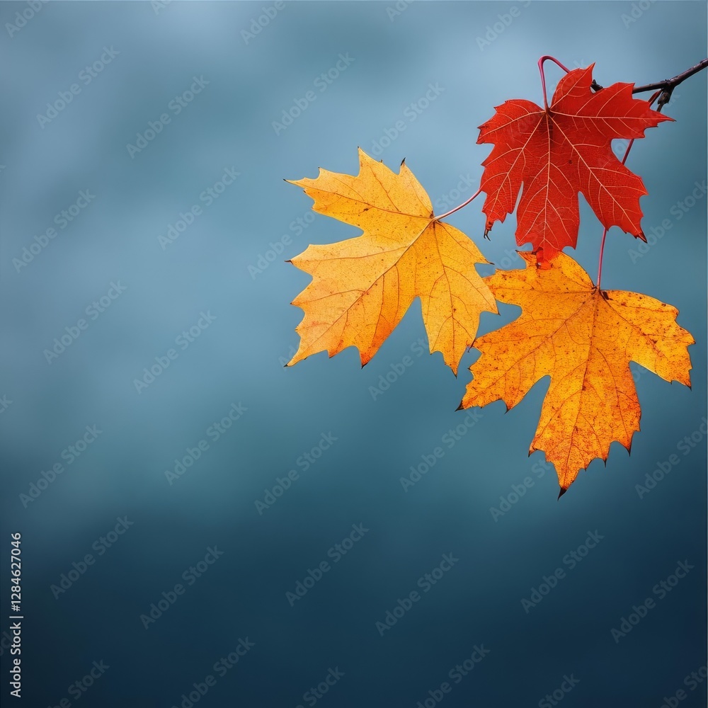 Fototapeta premium Maple leaves in autumn colors swinging dramatically under stormy skies