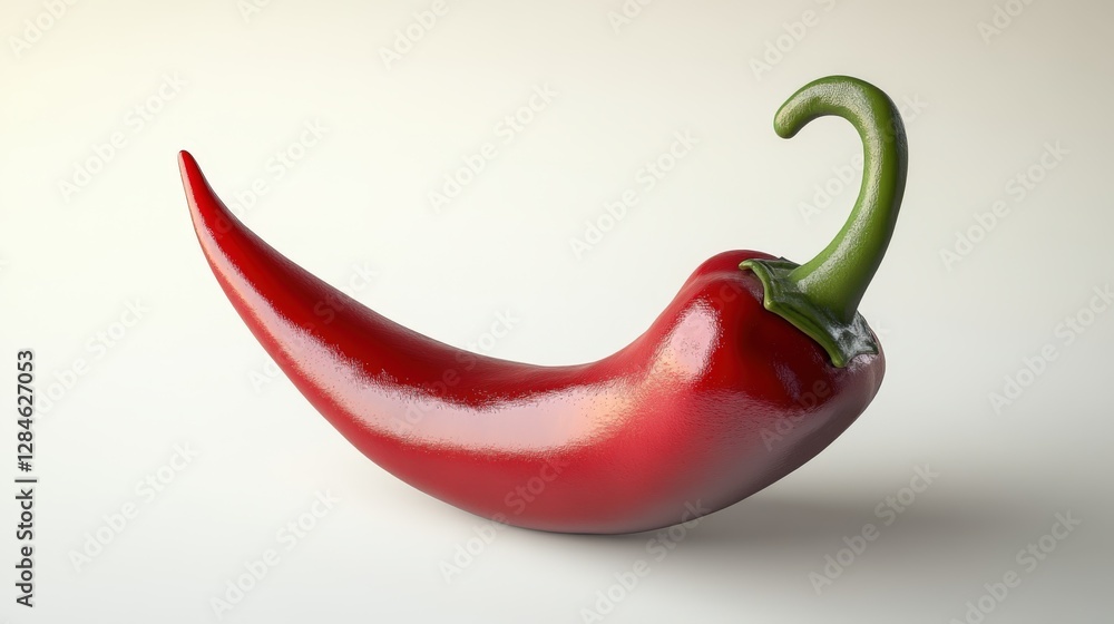 Single red chili pepper with glossy surface on plain white background Single red chili pepper with glossy surface on plain white background