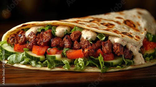 Beef & Veggie Wrap on Wooden Board photo